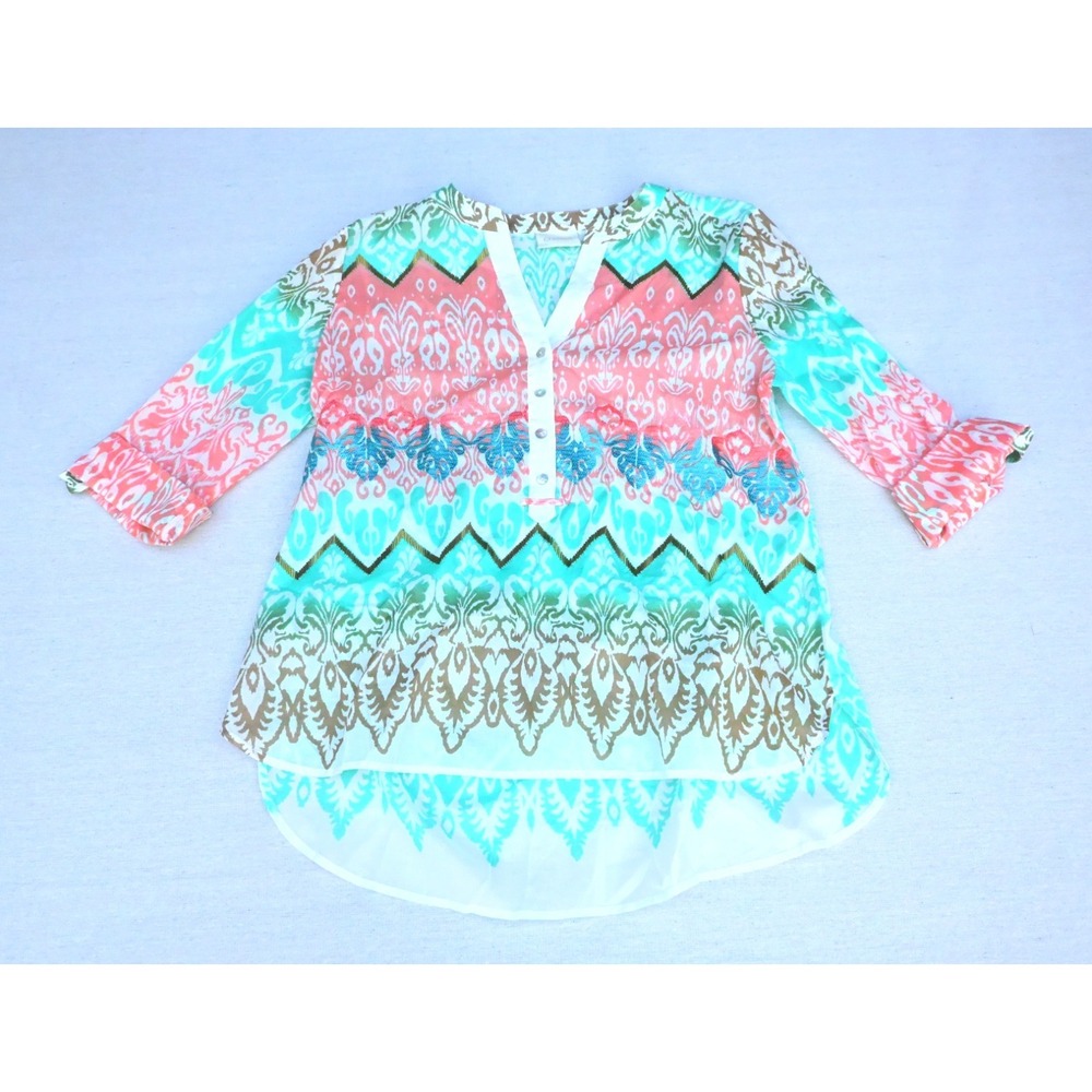 Chicos Womens 2 Petite 100% Cotton Ikat Print Blouse Coral Mint Roll Tab Sleeve